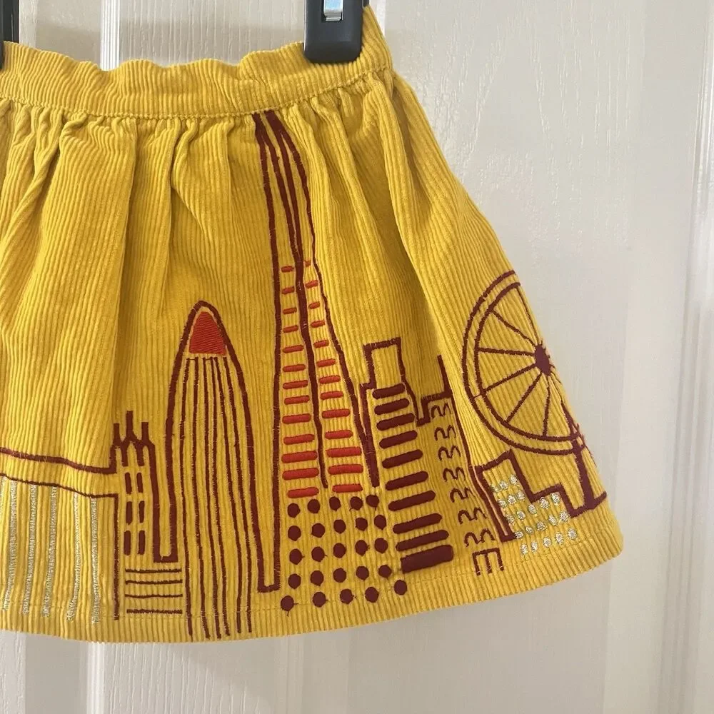Piccolina Embroidered London Skyline Corduroy Skirt Yellow Girls Size 2T